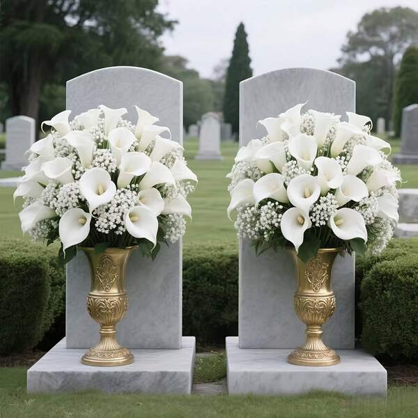 30Pcs White Baby Breath And Calla Lilies Combination Bouquet, Artificial Memorial Outdoor Cemetery Bouquet, Suitable For Cemetery Flower Arrangements, Memorial Day And Advent Decorations, Also For Home Decoration, Outdoor Garden Decoration, Porch Cemetery Wedding Decorations, Thanksgiving And Valentine's Day Gifts.