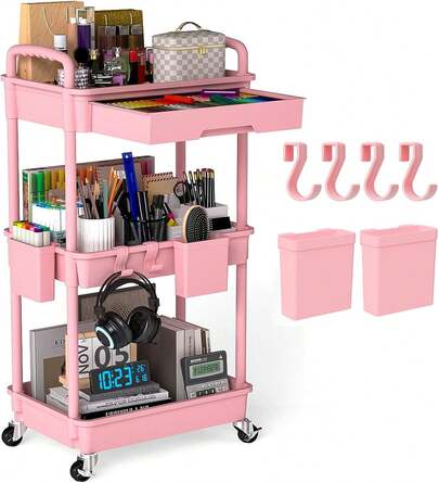 SPACEKEEPER 3 Tier Rolling Storage Cart With Drawers Rolling Utility Cart With Drawers,Room Decor,Bathroom Decor,Rolling Utility Cart Rolling Storage Organizer Tool For Kitchen,Bathroom,Living Room,Office Outdoor Decor