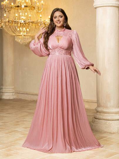 UNITHORSE UNITHORSE Plus damska sukienka wieczorowa maxi z kołnierzykiem typu stójka, rękawami typu latarnia, cekinami, patchworkiem, imitacją lyocellu