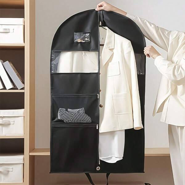1pc Multifunctional Clothing Storage Bag, Travel Storage Bag, Clothing Protection Bag, Household Clothing Dust Cover, Hanging Design, Thick Non-Woven Fabric Storage Bag, Easy To Accommodate Suits, Shirts And Other Clothing, Multiple Transparent Compartments, Daily Storage Socks, Shoes And Other Items Can Be Classified And Placed, Foldable Portable Bag, Suitable For Business Trips, Travel And Play, Simple And Orderly,