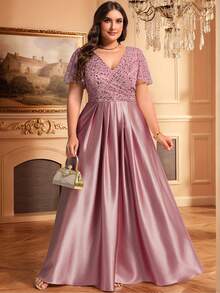 EVERPRETTY Đầm dạ hội ngắn tay cổ chữ V đính sequin bằng satin cỡ lớn dành cho nữ, màu hồng nhạt, thích hợp cho các bữa tiệc, lễ tốt nghiệp và các dịp khác, tiệc cưới mùa xuân. - Bụi hồng - Xem 3