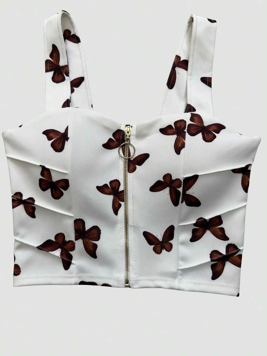 Strella Modas Printed Butterfly Suplex Top With Zipper And Wide Straps - Elegant Women's Cropped Top With Padded Cups - Fashionable For Mothers And Girlfriends - 鏽棕色 - 查看 1