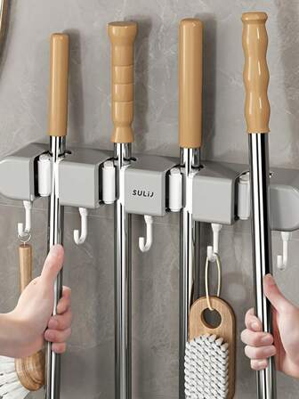 1 st mopphållare väggmonterad - borrfri krok för kvastar och moppar, mångsidig förvaringsorganisatör för badrums-/toalettdörrar