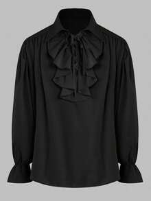 Mens Pirate Shirt Ruffle Victorian Renaissance Steampunk Vampire Poet Shirts Gothic Medieval Costume - Black - View 2