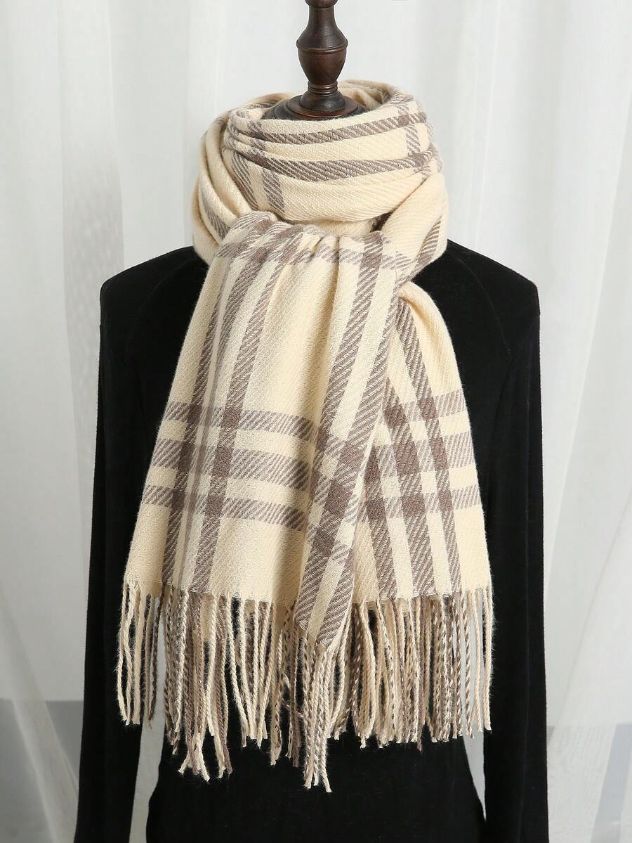 1件女士时尚韩版格子围巾，秋冬保暖时尚流苏学生围巾，加厚长款围巾，男士情侣披肩， - 卡其 - 查看 1