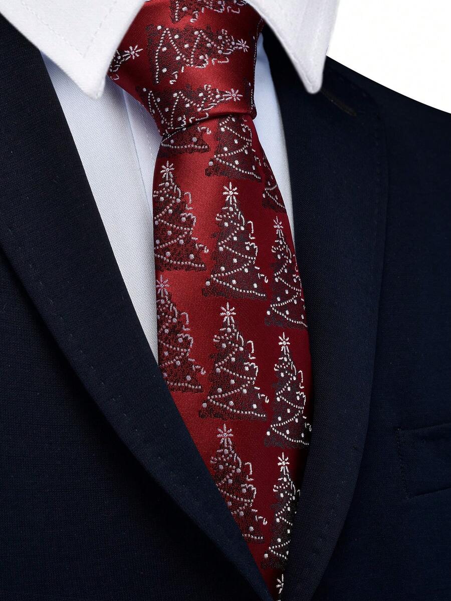 1pc 8cm Wide Christmas Tree, Santa Claus, Snowflake Printed Necktie, High Quality Fashion Holiday Christmas Gift, Party Gift - Wine Red 1 - View 1