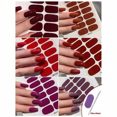 6 Sheets Autumn Winter Nail Stripe Stickers Brown Color Full Cover Dark Red Fall Nails Art Decals Polish Sticker Self-Adhesive Slider Manicure Decoration With File Sticks