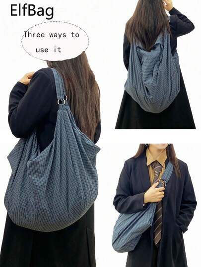 Large Capacity Plaid Pattern Shoulder Bag, New Autumn/Winter Dark Color Nylon Fabric Bag, Soft & Lightweight Foldable Women's Crossbody Bag, Casual & Practical Multipurpose Tote Bag, Suitable For Work, Study, Travel