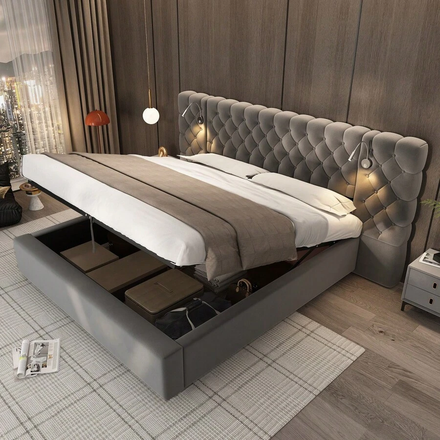 Upholstered Bed 160 X 200, Hydraulic Bed, Bed With Storage, Double Bed, Lighting, Wide And Soft Headboard, With Lighting Lamp And Storage Space, Wooden Slat Frame, Velvet, Grey (Old Code: N634P21376789G) - Grey + Velvet + 160cm*200cm - View 1