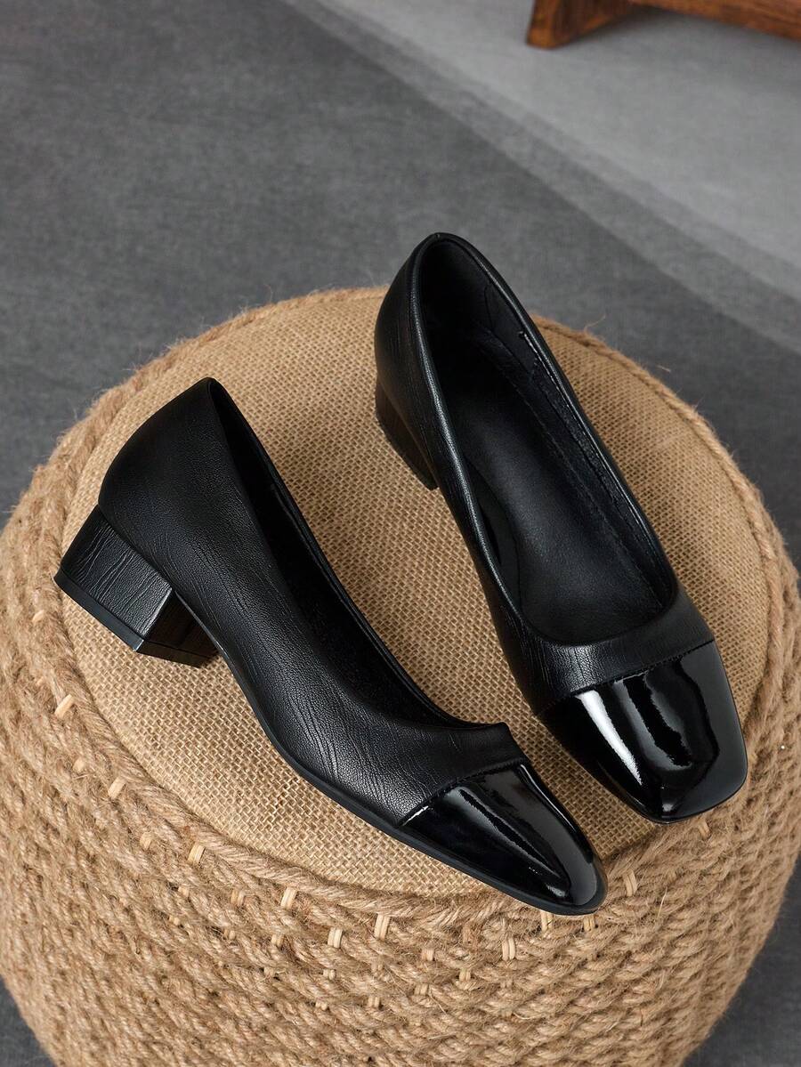 Women's Square Toe 3cm Heel Shoes, Navy Blue Patchwork, Suitable For Balls, Parties, Dinners, Vintage Fashion, Versatile, Casual Slip-On Pumps - màu đen - Xem 1