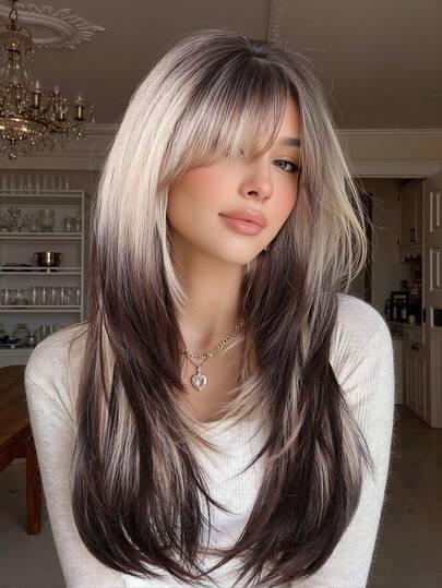 باروكة صناعية ذات طول 26 بوصة باللون الأسود والذهبي، مستقيمة متدرجة مع غرة للنساء، مقاومة للحرارة