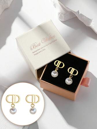 Set de 2 pendientes con colgante de perla, elegantes y versátiles para fiestas, uso diario, regalo ideal