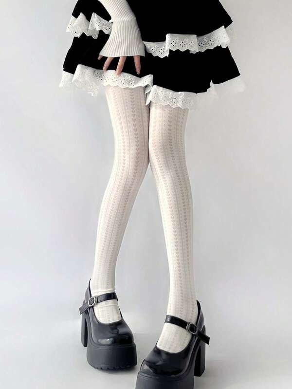 Autumn/Winter French Retro Heart Vertical Jacquard Knit Tights For Women, Slimming Sheer Lace Pantyhose In White, Black, Grey, Versatile Leg Shaping Stockings