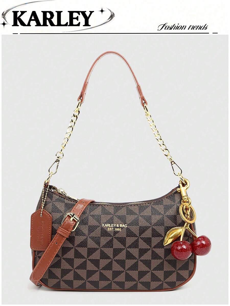 2025新款时尚经典百搭字母图案纯色PU皮革新月形单肩/腋下包，Y2K风格单肩/腋下包，适合购物，可斜挎 - 棕色 - 查看 1