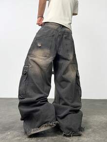 1 قطعة بنطلون جينز أمريكي كاجوال من ماركة Justice Brother باللون الرمادي، متعدد الجيوب، بتصميم مريح وواسع الساق، بتصميم مناسب للموسم، بنطلون للأزواج (الحزام والإكسسوارات غير مشمولة) - رمادي - مشاهدة 2