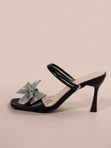 Fashionable Bowknot Design PU Leather Open Toe Strap High Heel Sandals, Comfortable And Versatile For Dates, Commuting, And Travel, Summer - Black - View 6