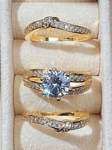 3-Piece Set Of Fashionable Luxury Gold Sparkling Synthetic  Gold Ring For Girls, A Gift Ring For Christmas And Valentine's Day Anniversary - 金黃色 - 查看 1