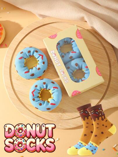 1 par flerfärgade Donut-strumpor till mitten av vaden, presentask, 2025 höst/vinter nya unisex sportsstrumpor, fantasifulla matinspirerade kreativa designer, stickat tyg, långa och tjocka mjuka och bekväma, perfekt present till påsk, födelsedag, Thanksgiving, Halloween, jul, karneval, alla hjärtans dag, familjesammankomster, fest, unikt moderiktigt vardagskläder
