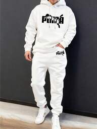 2 st/set herr geometriska minimalistiska engelska grafiska vita casual dragskobyxor och huvtröja, lämplig för vår, höst, vinter utomhus, streetwear, vardagskläder