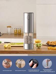 2-Piece Electric Salt Pepper Grinder Set, USB Charging, LED Light One Hand Automatic Operation, Adjustable Thickness Grinding Vibrating Screen,Stainless Steel Housing, Kitchen Gadget Gift Ideas - Silver - View 4