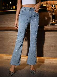 Quần jean ống loe dài co giãn đính đá Rhinestone thanh lịch, trang nhã dành cho nữ năm 2025 - Rửa nhẹ - Xem 3