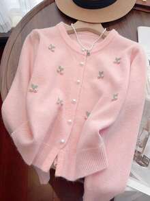Cute Embroidered Cherry Faux Pearl Sweater Cardigan For Women, Designed Versatile Knitted Top, Autumn/Winter