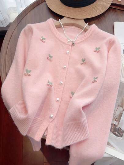 Cárdigan de suéter con bordado de cereza y perla falsa para mujer, diseño de top de punto versátil, para otoño/invierno