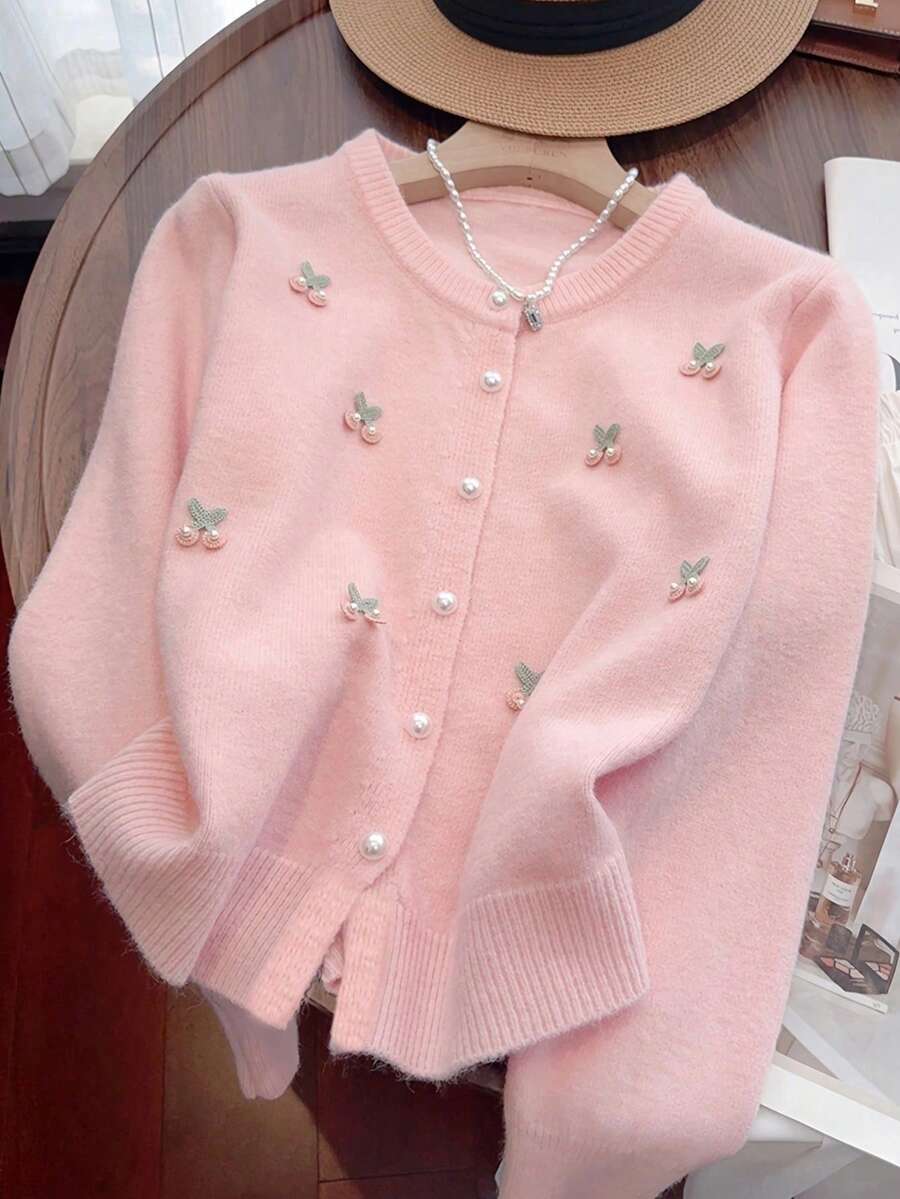Cute Embroidered Cherry Faux Pearl Sweater Cardigan For Women, Designed Versatile Knitted Top, Autumn/Winter
