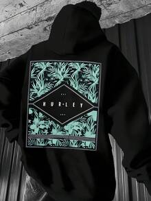 Sudadera con Capucha Negra Elegante para Hombre con Estampado de Hojas Tropicales - Sudadera Casual Forrada en Vellón y Acogedora, Jersey de Manga Larga para Invierno, Lavable a Máquina, Ropa Casual de Otoño e Invierno  Moda Casual  Confort Forrado en Vellón, Sudadera con Capucha - Negro - Ver 1