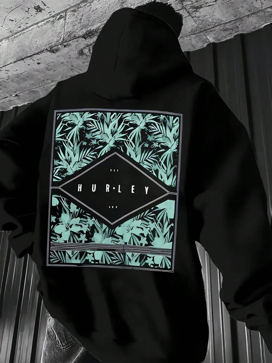 Sudadera con Capucha Negra Elegante para Hombre con Estampado de Hojas Tropicales - Sudadera Casual Forrada en Vellón y Acogedora, Jersey de Manga Larga para Invierno, Lavable a Máquina, Ropa Casual de Otoño e Invierno Moda Casual Confort Forrado en Vellón, Sudadera con Capucha - Negro - Ver 1