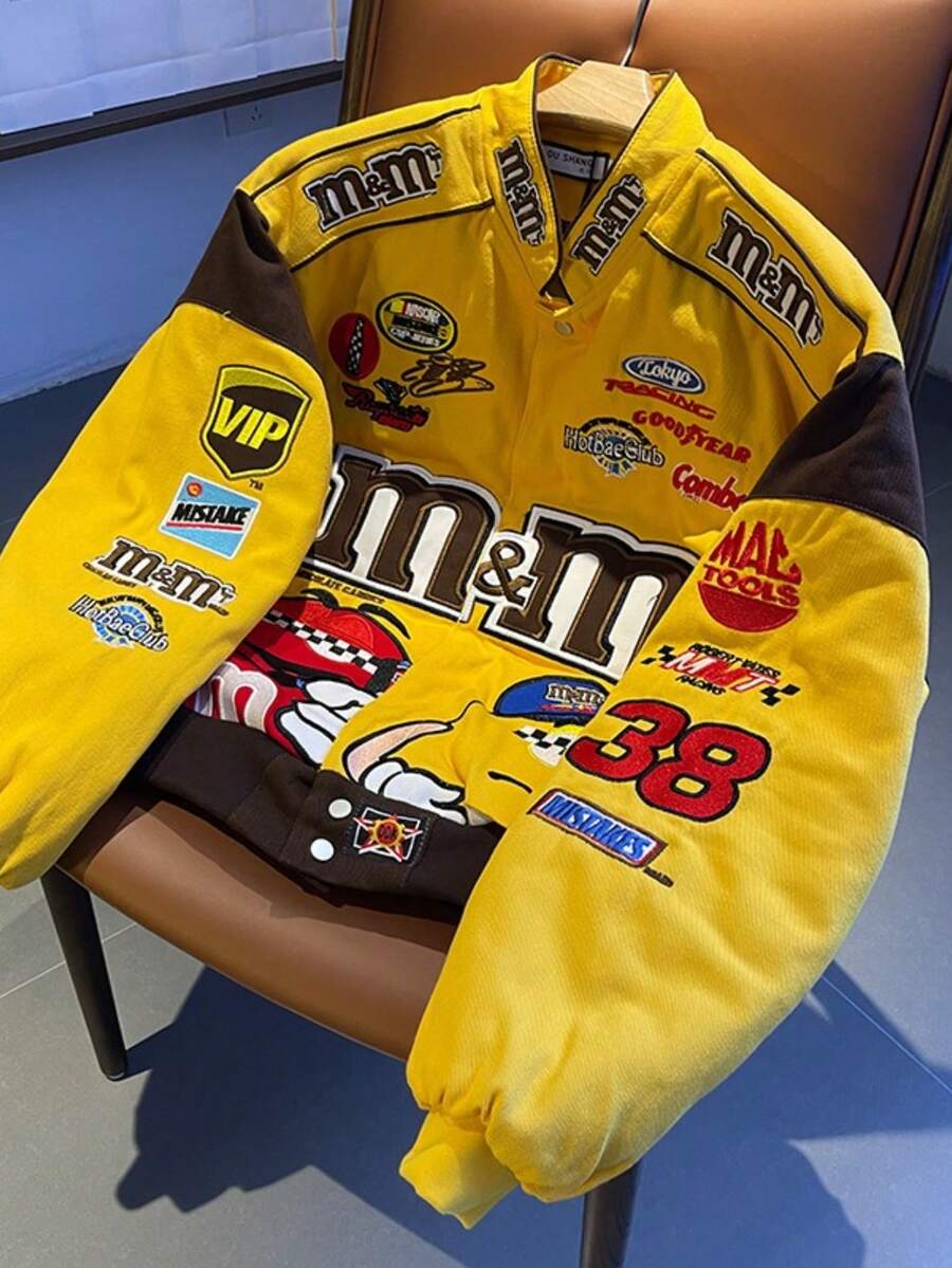 Unisex Windbreaker Graphic Jacket Retro Racing Baseball Bomber Jacket-Contrast Color Embroidered Loose Thick Stand Collar Coat - 黃色 - 查看 1