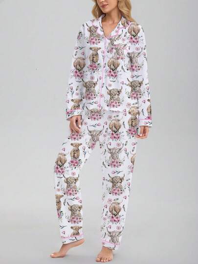 HOREA 2pcs Casual High Mountain Cow & Floral Print Women Pajama Set, Comfortable Long Sleeve Collar Top And Elastic Waist Pants, Sleepwear For Holiday Party, Loungewear For Women All Season, Fall Winter Clothes