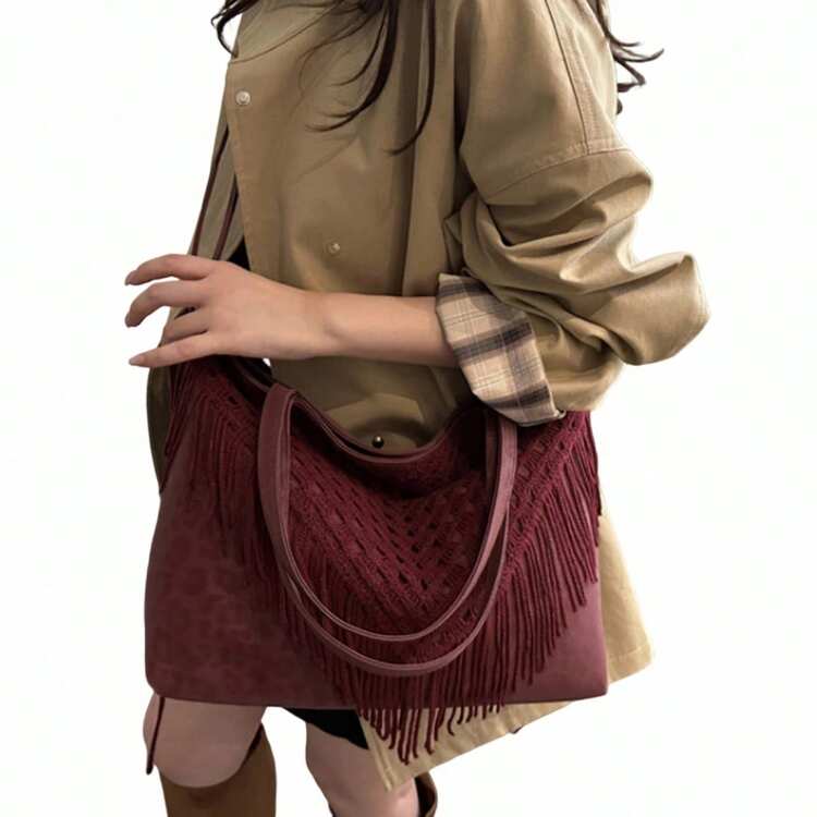 Bolso de hombro de gran capacidad para mujer, con intrincados detalles de borlas tejidas, elegante bolso de mano para uso diario, viajes y actividades al aire libre. - Rojo - Añade 6