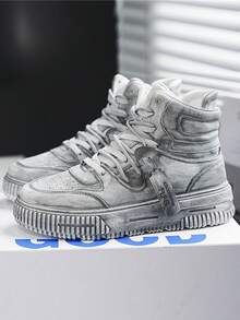 女士休闲运动鞋，新款高帮滑板鞋，厚底平底圆头套脚滑板鞋，白色，透气除臭个性化街头风摩托车靴，男女通用情侣户外旅行度假真皮摩托车靴