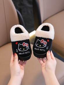 Hello Kitty 儿童可爱小猫室内拖鞋,时尚卡通图案,舒适保暖毛绒拖鞋,适合女孩,秋冬季 - 黑色 - 查看 7