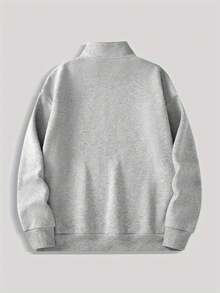 新款男士休闲印花立领保暖套头衫，四分之一拉链设计，适合秋冬季穿着 - 灰色 - 查看 4