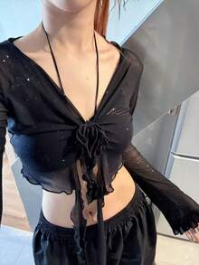 女士性感网纱透视露脐上衣，夏季系带长袖露肤开衫，Y2K 基础休闲派对假日装扮 - 彩色 - 查看 6