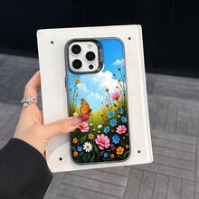 Colorful Silver Apple Phone CaseButterfly In A Meadow Of Colorful Flowers Under A Cloudy SkyCompatible With  11 To  17 Models The Cases Lens Protection Function Ensures The Camera Remains Undamaged During Shooting  Guaranteeing Image Quality - Black - View 4