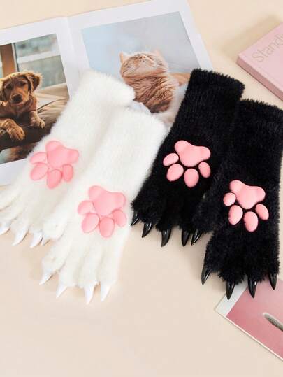 1 Pair Solid Color Faux Halloween Cat Paw Warm Plush Cartoon Faux Rabbit Fur Fingerless Gloves, Christmas Gift For Girlfriend, Cosplay Thanksgiving Christmas Winter Holiday Outfit Women