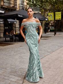 Faeriesty Vestido de noche de lujo con cuentas y lentejuelas, escote hombros descubiertos con broche de cristal en forma de estrella, bordado floral, adecuado para banquetes y celebraciones - Verde - Ver 6