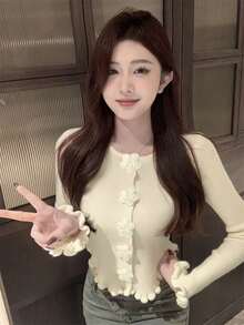 Women's Lightweight Luxury Casual Floral Applique Round Neck Cardigan, Grey, Autumn/Winter - Apricot - View 6