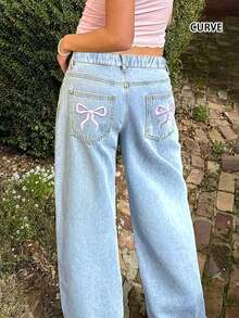 Europejski i amerykański design uliczny Y2K Moda Swobodny nadruk kokardki Sprany Duży rozmiar Elastyczny pas Damskie proste jeansy Wiosna - Jasny jeans - Zobacz 5