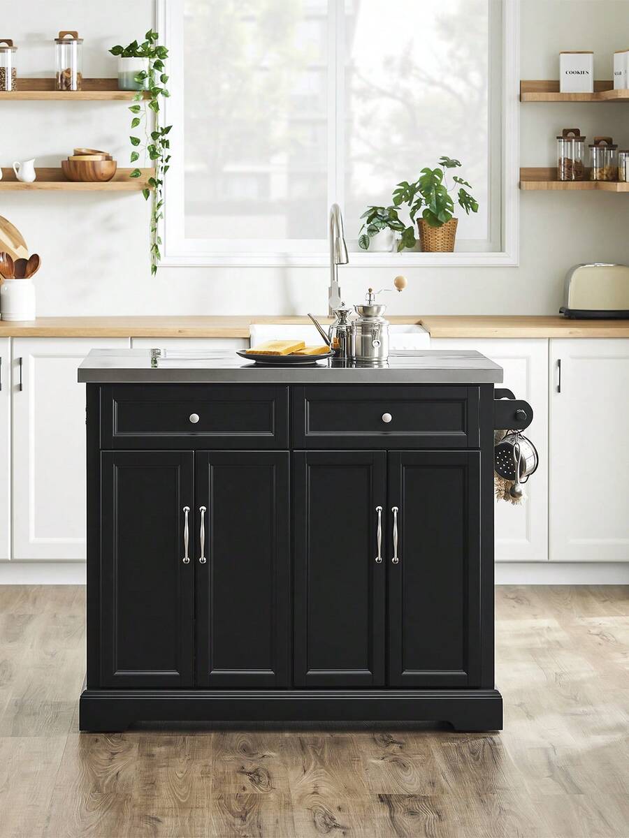 SoBuy FKW71 Kitchen Island With 4 Hidden Wheels, Kitchen Trolley With Extendable Worktop, Kitchen Cabinet, Serving Trolley, Wood, WDH Approx.: 115x92x46-71cm - Black - View 1