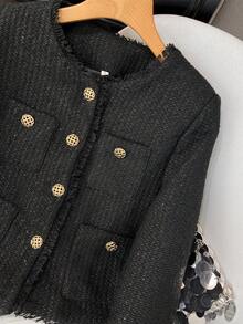 Áo khoác cardigan nữ GMFP mùa xuân/hè kiểu dáng thanh lịch, rộng rãi, màu đen trơn, chất liệu retro, cổ tròn, cài cúc đơn, chất liệu len pha, thích hợp cho các lễ hội âm nhạc/mùa cưới. - màu đen - Xem 10
