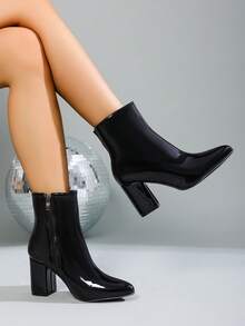 Women's Solid Color Ankle Boots, Glossy Fashion Versatile Side Zipper Design Pointed Toe Chunky Heel Increased Height Classic Soft Bottom Non-Slip Lightweight Outdoor Casual Short Boots