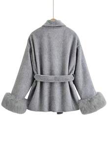 女士保暖外套，V领，落肩长袖，系带设计，毛绒袖口，优雅款式，适合秋冬季穿着 - 灰色 - 查看 9