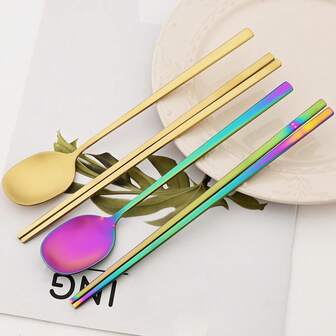 Jokipvy 2pcs/Set Korean Style Flat Soup Spoon & Chopsticks, Matte Stainless Steel Reusable Tableware Set, Flat Soup Spoon & Sushi Chopsticks Cutlery Set