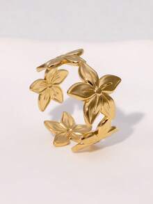 1pc Fashion Versatile Minimalist Stainless Steel Flower Shaped Open Ring, Suitable For Ladies Everyday And Gathering Wear