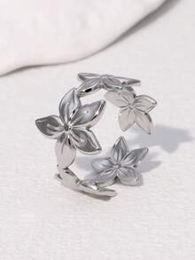 1pc Fashion Versatile Minimalist Stainless Steel Flower Shaped Open Ring, Suitable For Ladies Everyday And Gathering Wear