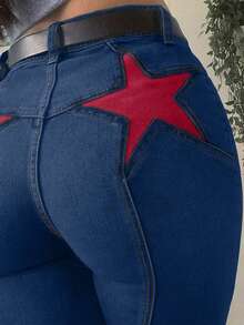 Quần jeans ống đứng cạp cao in hình ngôi sao phong cách Y2K dáng rộng, quần jeans ống rộng thoải mái kiểu retro thập niên 90, quần thường ngày phong cách đường phố dành cho nữ. - màu xanh đậm cũ - Xem 2